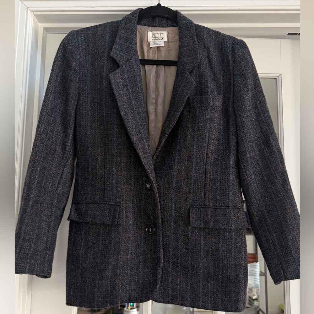 Petite Sophisticate Women's 100% Wool Blazer Jacket Size 6 Plaid Tweed Gray Blue